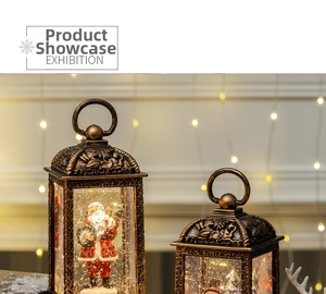 Close-up of vintage bronze Christmas lanterns featuring a festive Santa Claus winter scene