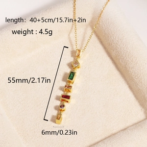 Detail view of colorful geometric pendant necklace with dimensions and weight specs