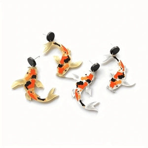Asymmetric acrylic koi fish earrings in black and orange Chinese style fish pattern