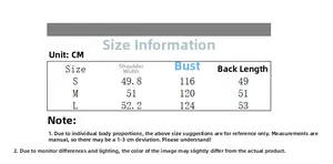 Detailed size chart for the waterproof white duck down jacket showing S, M, and L dimensions
