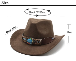 Detailed size measurement chart for the brown suede cowboy hat showing dimensions