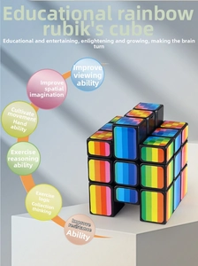 Rainbow skewed puzzle cube with black frame showing twisted asymmetric geometric blocks