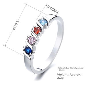 Detailed close-up of a silver ring featuring four colorful zircons with precise measurements