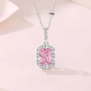 Detailed macro view of S925 silver necklace with rectangular pink zircon pendant
