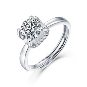 Macro detail of S925 sterling silver adjustable ring with round Moissanite and side stones