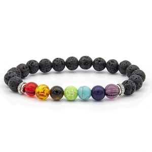 Detailed view of 8mm chakra lava stone beads with colorful energy natural gemstones