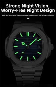 Detailed view of luminous hands and calendar window on the ultra-thin waterproof watch