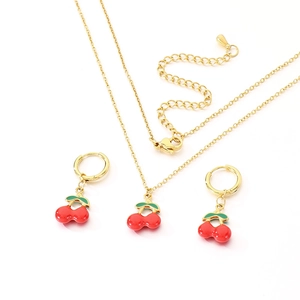 Golden stainless steel jewelry set with red cherry pendants necklace and earrings