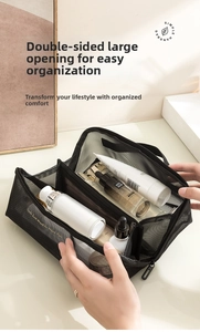 Detail view of large black mesh makeup bag with golden text showing organized skincare storage
