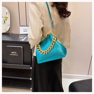 Detail of metallic teal chain handbag with vintage frame closure on model's shoulder