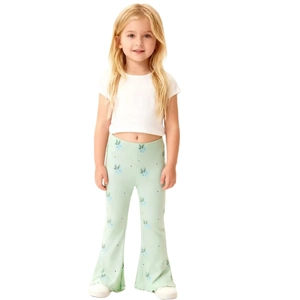 Leggings Évasés En Coton Peigné Côtelé Pour Filles Imprimé Floral Bordure Ondulée Pantalon Mode