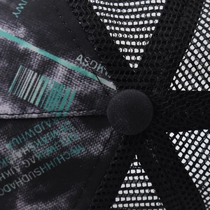 Macro shot of breathable mesh fabric and gradient camo pattern on the baseball cap crown