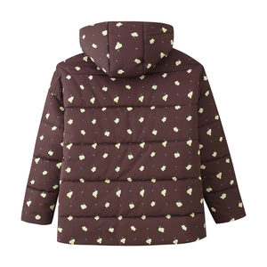 Detail of the hooded quilted jacket featuring a brown floral pattern and warm padding