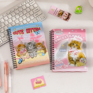 Cute American cartoon cat spiral notebooks with blue and pink covers on white desk