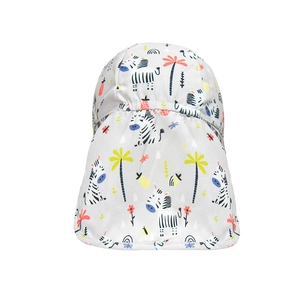 Detailed view of baby sun hat with neck protection flap and zebra cartoon print