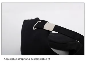 Detail of the adjustable metal sliding buckle on the back of the black cotton baseball cap