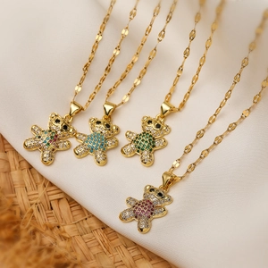 Cute Bear Pendant Necklace Copper Gold Plated With Colorful Cubic Zirconia Sparkling Animal Jewelry For Women Girls
