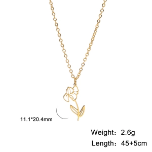 Detail showing dimensions of 11.1x20.4mm and 45cm length for gold flower pendant necklace