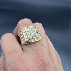 Luxurious gold plated hiphop ring for men featuring square pave set sparkling zircons