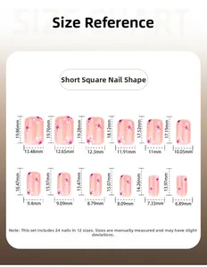 Size chart showing 12 different dimensions for short square floral press-on nails