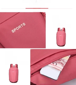 Detail of rose red sports backpack showing durable fabric and hidden side zipper pocket