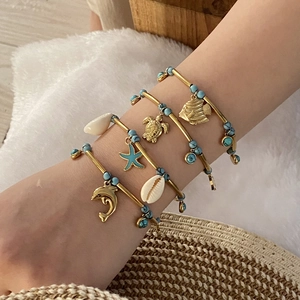 Stainless Steel Ocean Theme Charm Bracelet With Turquoise Beads Sea Turtle Starfish Shell Pendant Jewelry For Women