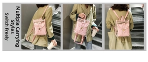 Three-way carry style for transparent PVC backpack with pink fabric drawstring liner