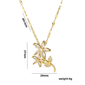 Golden flower necklace with zircon pendant, 40+5cm chain, 27mm floral design