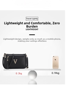 Lightweight women's crossbody shoulder bag, stylish black leather purse with metal V accent.