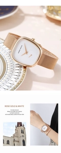Detailansicht der Quarzuhr aus Roségold mit Milanaise-Armband und weißem Zifferblatt