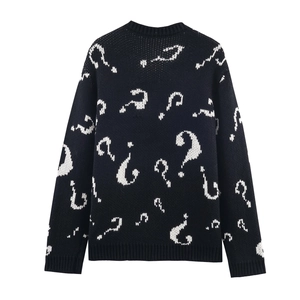 Chic black round-neck knit sweater featuring stylish white jacquard question mark patterns