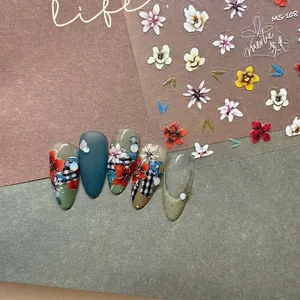 Japanese style MS-108 floral nail art stickers with daisy patterns and plaid designs