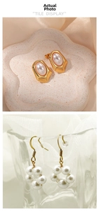 Detail of vintage heart pearl earrings with gold geometric frames and circular pearl hooks