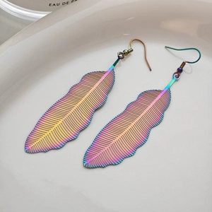Bohemian rainbow hollow feather drop earrings with iridescent gradient finish for women