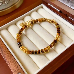Natural Tiger Eye Stone Beaded Bracelet Irregular Gold Plated Metal Spacers Retro Maillard Style Adjustable For Women