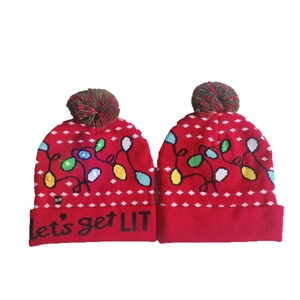 LED Christmas knit hats with colorful lights and 'Let's get LIT' text for festive parties