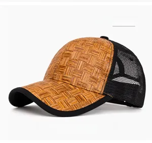 Detail of deep khaki straw woven baseball cap with breathable black mesh back