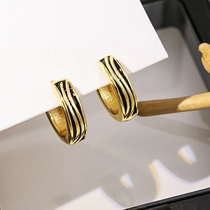 Détails des boucles d'oreilles géométriques en émail doré et noir sur carte de vente