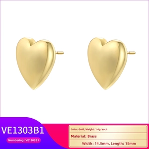 Polished gold heart studs in brass with 14.5mm width and 1.4g lightweight design