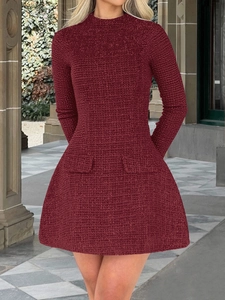 Elegant long-sleeved wine red tweed mini dress with high collar and A-line pleated skirt