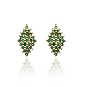 Close-up of gold-plated eye butterfly stud earrings with micro-set green zircons