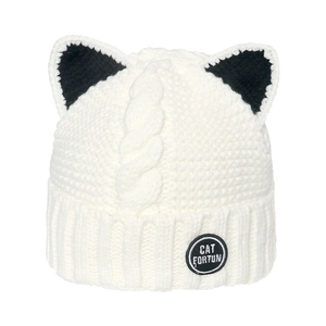 White knit cat ear beanie with cable pattern and embroidered patch for women