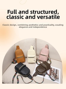 Detailed view of checkered crossbody sling bags with colorful LOVE lettered straps