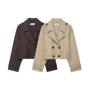 Damen Kurzer Trenchcoat Polyester Doppelreihig Revers Lässig Elegant Windjacke Jacke Mode