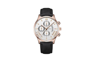 Close-up of Geneva men's watch with rose gold case, black strap and chronograph sub-dials