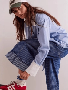 Vintage gewaschene gestreifte Wide-Leg-Jeans mit vertikalem Muster für Damen im Retro-Stil