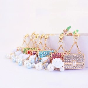 Camellia Handbag Keychain With Shimmering Rhinestones And Elegant Artificial Pearls Metal Purse Charm For Women Cute Bag Accessory