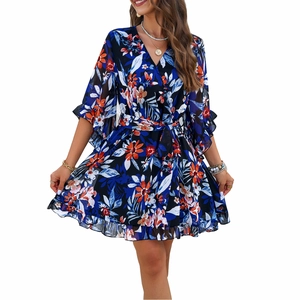 Deep blue floral chiffon dress with V-neck, ruffle sleeves and waist tie for summer leisure