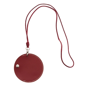 Retro burgundy faux leather round pouch necklace with lobster clasp and long lanyard