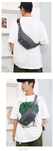 Adjustable grey waterproof sports waist bag shown on model in front and back view